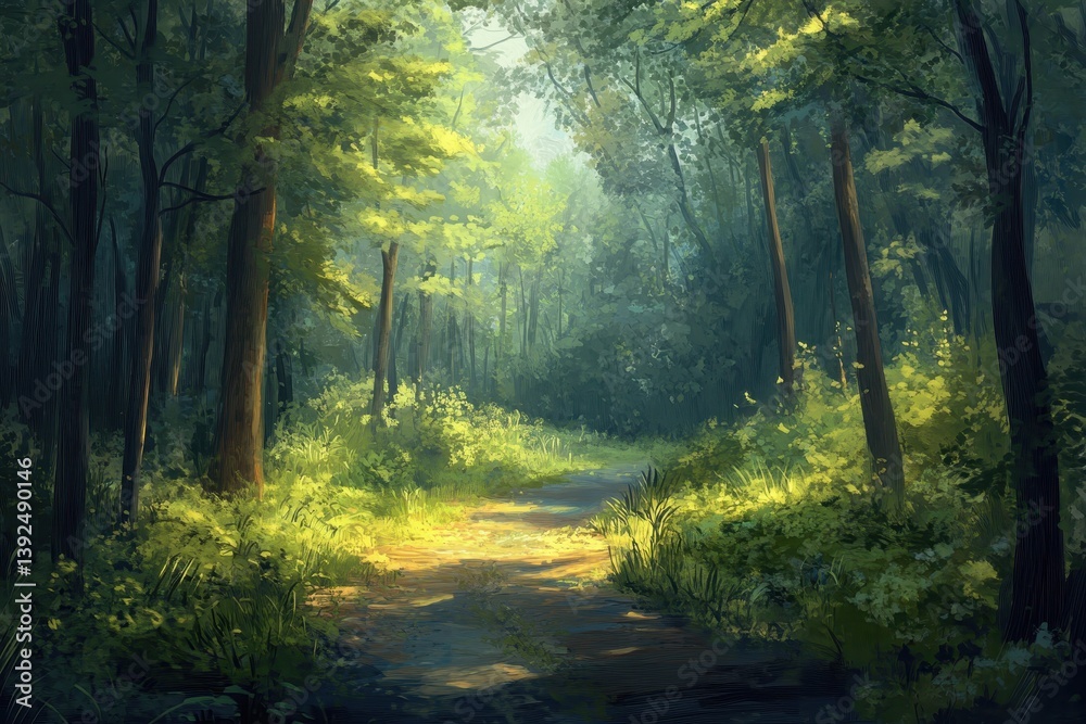Fototapeta premium A Sunlit Path Through a Lush Green Forest