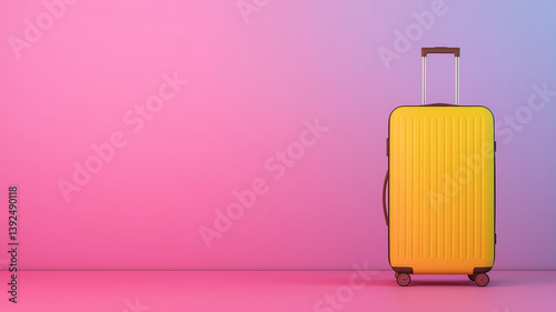 Bright yellow suitcase stands against vibrant pink and blue gradient background, evoking sense of adventure and travel. This minimalist design highlights suitcase sleek features and modern style