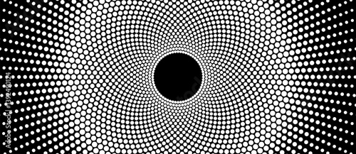 Halftone round as icon or background. Sun concept. Abstract vector circle frame with dots as logo or emblem. White dots on a black background.