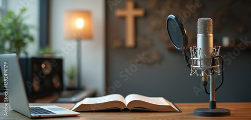 Podcast studio interior with microphone open bible laptop cross. Preacher reads bible online records podcast, christian radio broadcast. Faith, religion, worship.