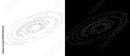 Dynamic lines and dots in perspective. Spiral like big data, speed or space concept. Black shape on a white background and the same white shape on the black side.