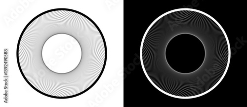 Art sun concept background. Tattoo template or logo with lines. Black shape on a white background and the same white shape on the black side.