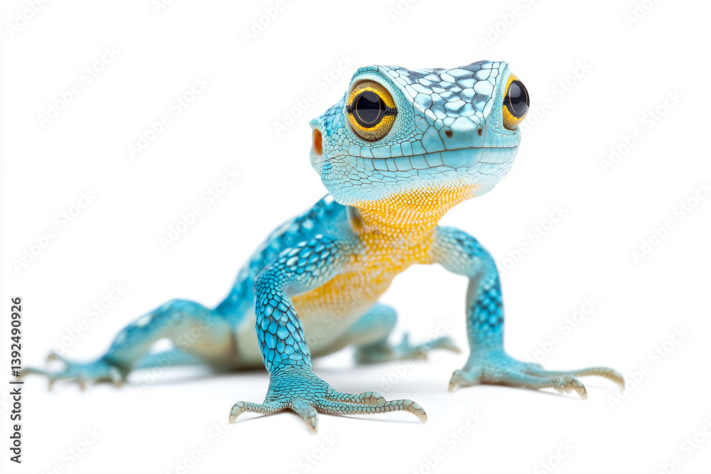 a blue and yellow lizard sitting on a white surface a blue and yellow lizard sitting on a white surface