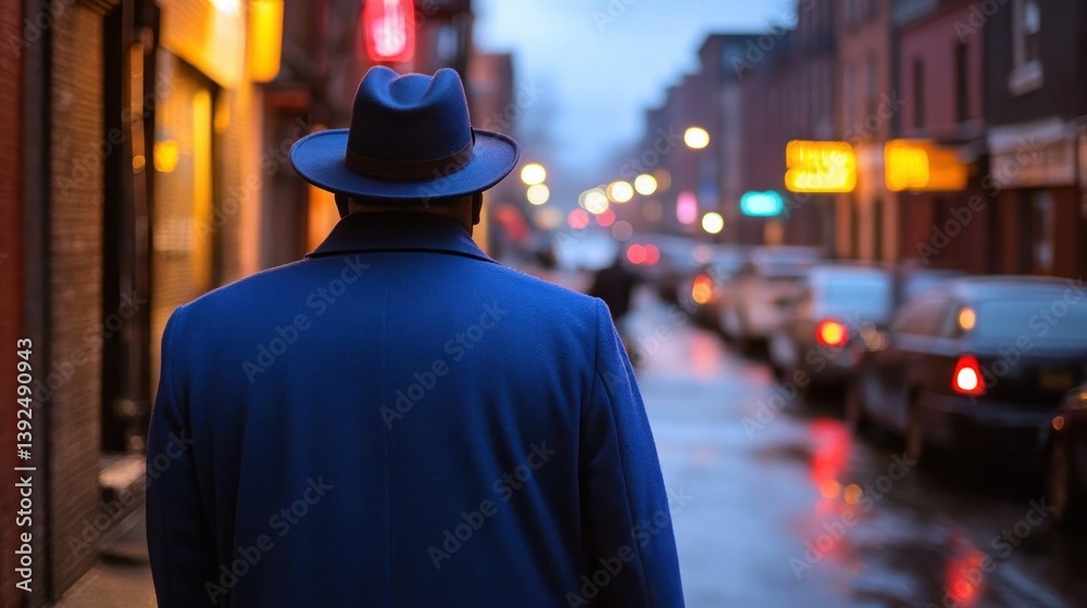 Man walking away in the city at twilight
