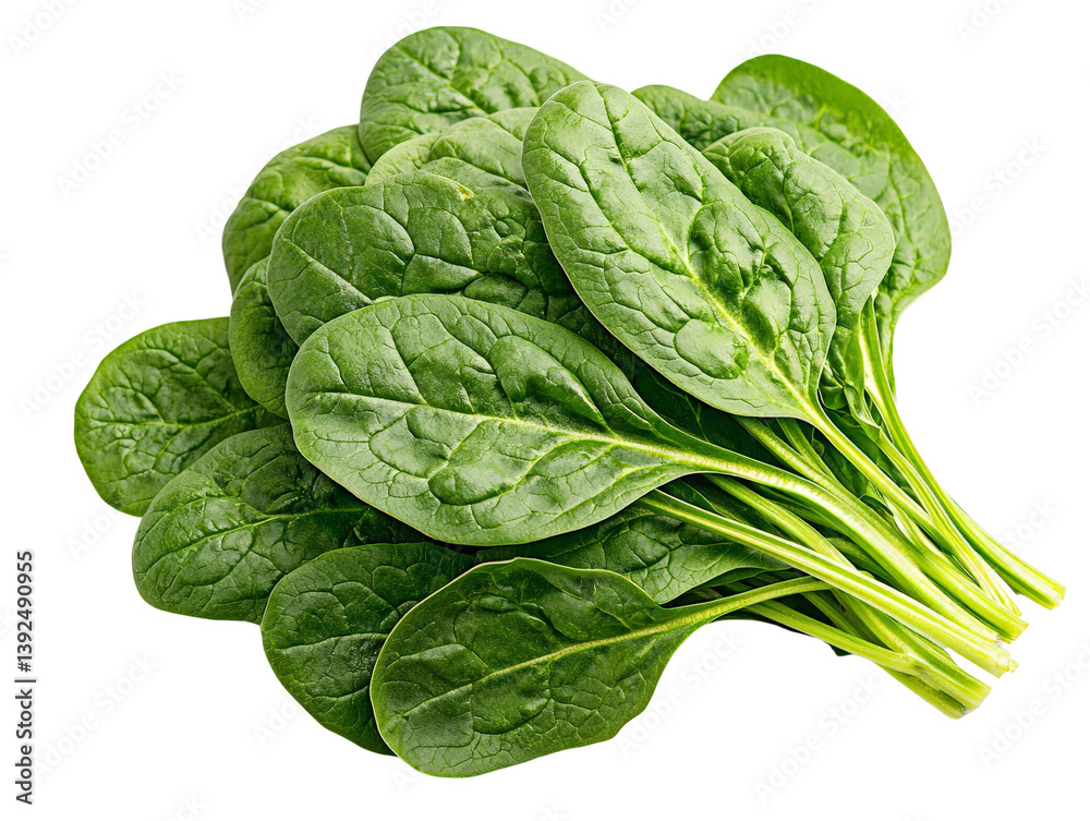 Obraz premium A bunch of fresh green spinach leaves with detailed veins, isolated on a transparent background, PNG file.