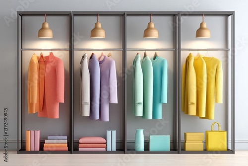 A fashion boutique with racks of coordinated outfits under spotlight