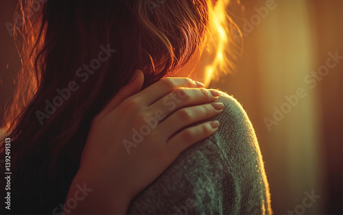 A friend puts a comforting hand on another's shoulder against a soft background, offering support and empathy.


