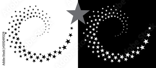 Abstract background with stars in circle. Art design spiral as logo or icon. A black figure on a white background and an equally white figure on the black side.
