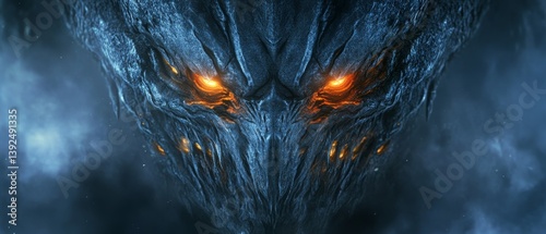 A monster with glowing red eyes and a blue face