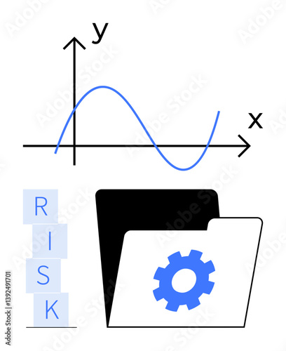 Graph with fluctuating trendlines, stacked RISK text, gear icon in an open folder. Ideal for data analysis, risk evaluation, business projections, finance, decision-making, planning abstract line