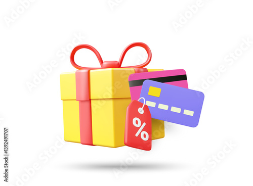 3D Illustration Vector Render Icon Credit Card Discount Sign Gift Box Isolated On White Background Smart and rewarding shopping experience concept Digital payment, Special offer or promotion Reward