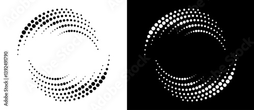 Circle abstract background with dynamic halftone dots in spiral. Yin and yang style. Black shape on a white background and the same white shape on the black side.