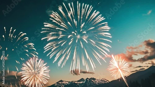 Fireworks are flashing at sunset
