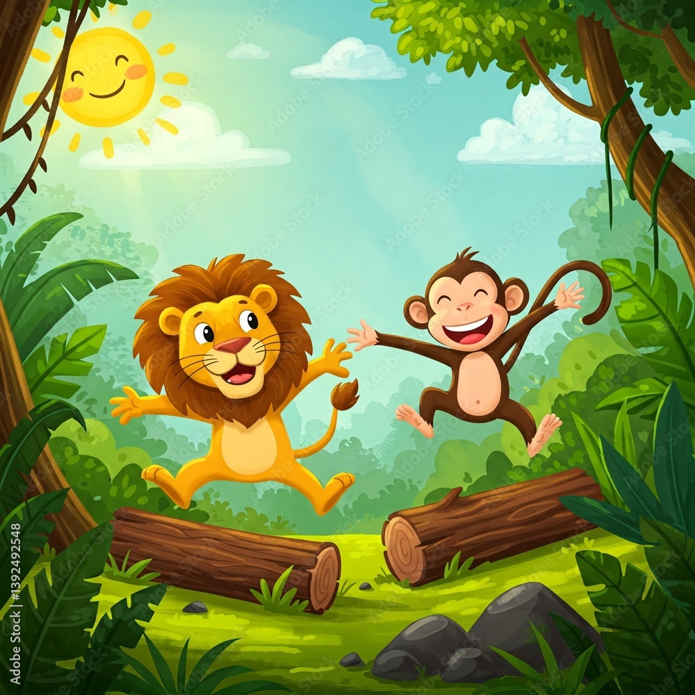 Naklejka premium A cartoon lion and a monkey explore the jungle together, jumping over logs and laughing under the bright sunny sky.