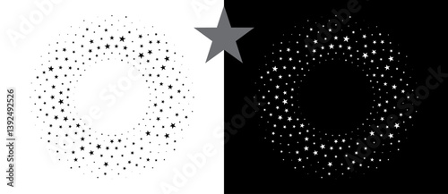 Abstract background with stars in circle. Art design spiral as logo or icon. A black figure on a white background and an equally white figure on the black side.
