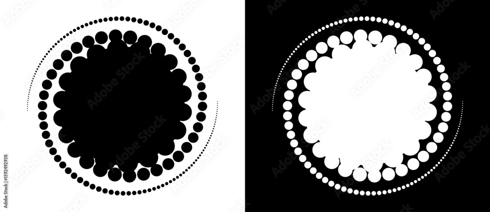 Circle abstract background with dynamic halftone dots in spiral. Yin and yang style. Black shape on a white background and the same white shape on the black side. Circle abstract background with dynamic halftone dots in spiral. Yin and yang style. Black shape on a white background and the same white shape on the black side.