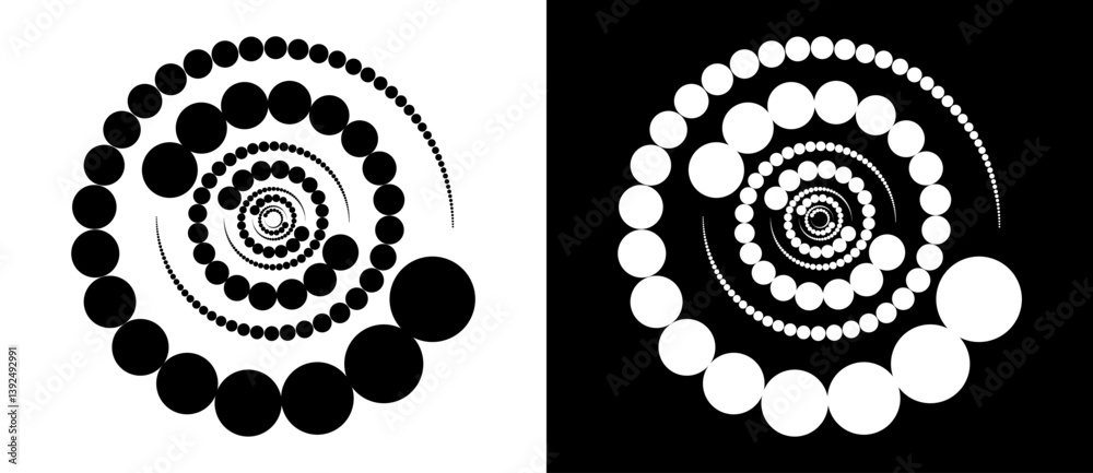 Circle abstract background with dynamic halftone dots in spiral. Yin and yang style. Black shape on a white background and the same white shape on the black side. Circle abstract background with dynamic halftone dots in spiral. Yin and yang style. Black shape on a white background and the same white shape on the black side.