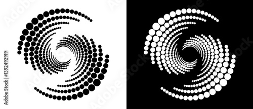 Circle abstract background with dynamic halftone dots in spiral. Yin and yang style. Black shape on a white background and the same white shape on the black side.