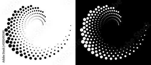 Modern abstract background. Halftone dots in spiral form. Round logo, design element or icon. Vector dotted frame. A black figure on a white background and an equally white figure on the black side.