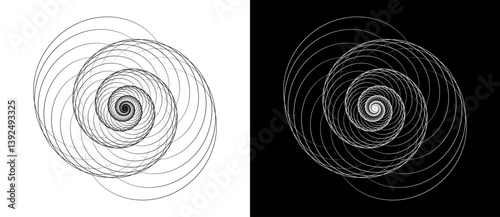 Spiral with lines as dynamic abstract vector background or logo or icon. Yin and Yang symbol. Black spiral on white background and white spiral on black background.