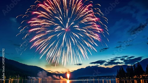 Fireworks are flashing at sunset