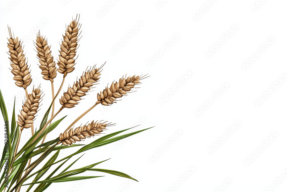 Golden brown wheat stalks with green leaves on white background, creating rustic and natural aesthetic with soft focus and bright lighting enhancing texture Golden brown wheat stalks with green leaves on white background, creating rustic and natural aesthetic with soft focus and bright lighting enhancing texture
