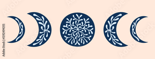 floral moon phase trendy celestial shapes with plant leaves. silhouette half moon crescent vintage logo design. mystical moon element