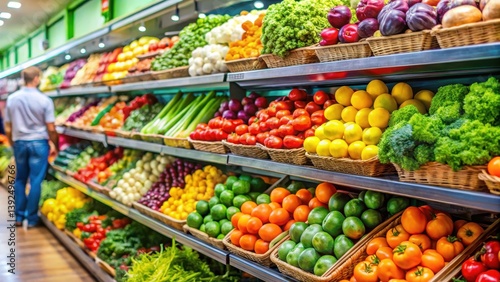 Vibrant colorful fruits and vegetables on a supermarket shelf with customers selecting healthy options, fruit selection, fruits