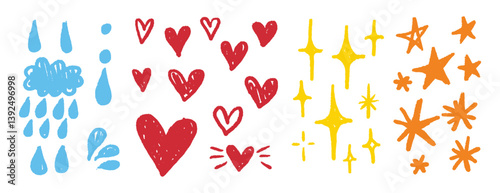 Cute pencil crayon textured hearts, drops, stars set. simple doodle hand drawn emotional icons symbols