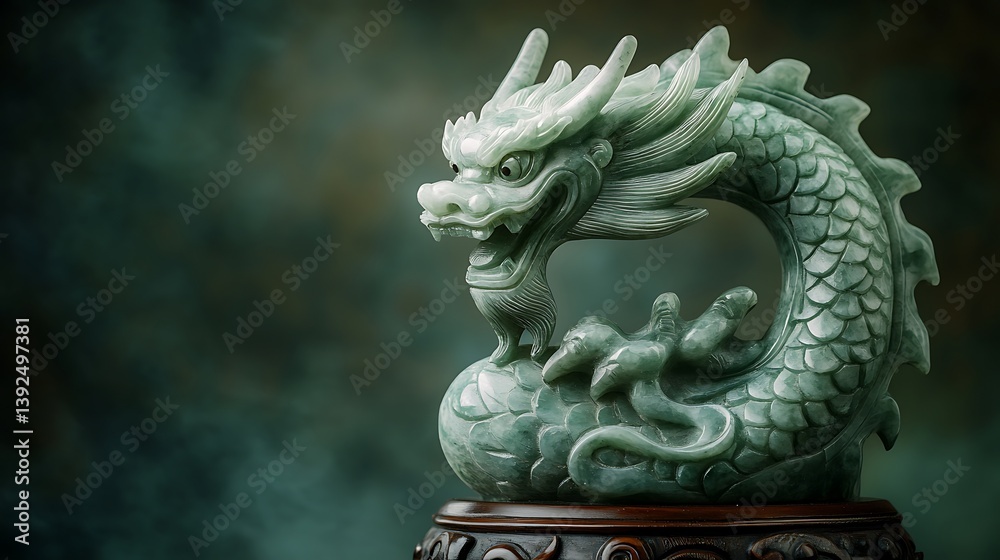 Intricate jade dragon sculpture exhibiting exquisite detailing with swirling clouds and a polished wooden base against a dark textured background Intricate jade dragon sculpture exhibiting exquisite detailing with swirling clouds and a polished wooden base against a dark textured background