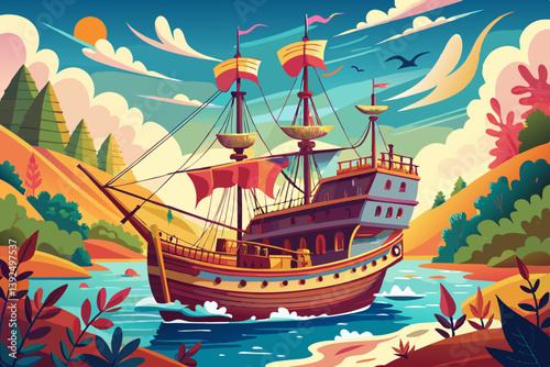 vector of A big and beautiful ship is moving on the water
