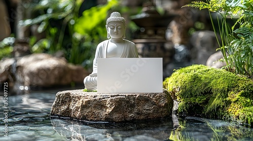 Tranquil Buddha statue in a serene garden with a blank gift card
