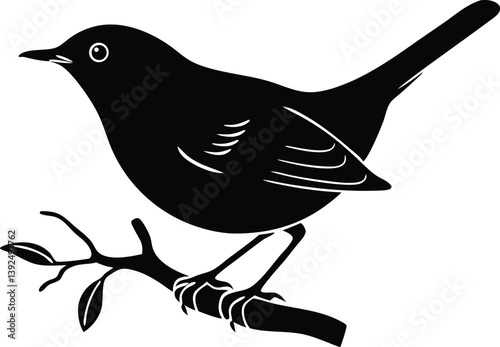 Beautiful willow warbler bird sitting on the branch silhouette black color vector illustration