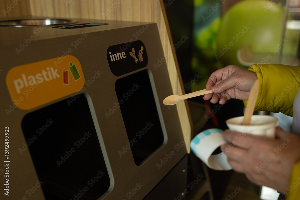 Person discards an ice cream spoon into a recycling bin marked for plastic waste in a modern shopping center. The image highlights recycling habits and the importance of reducing plastic waste in an