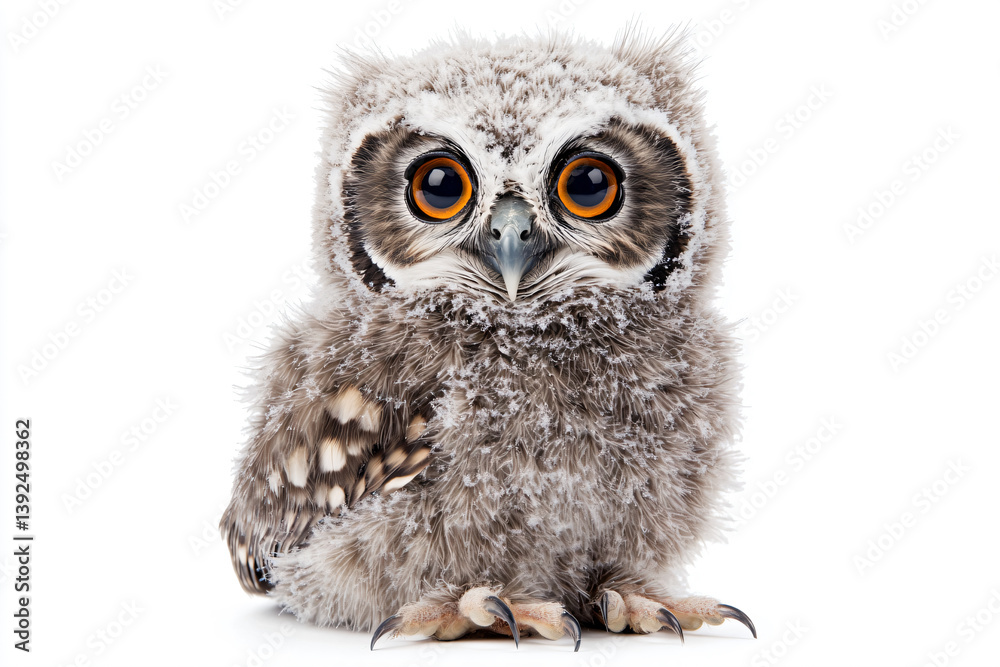 Fototapeta premium a small owl with big orange eyes sitting on a white surface