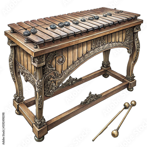 Antique Xylophone with Carved Wooden Stand