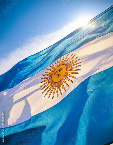 The Argentine flag against a cloudy sky, symbol of unity, remembrance and national pride