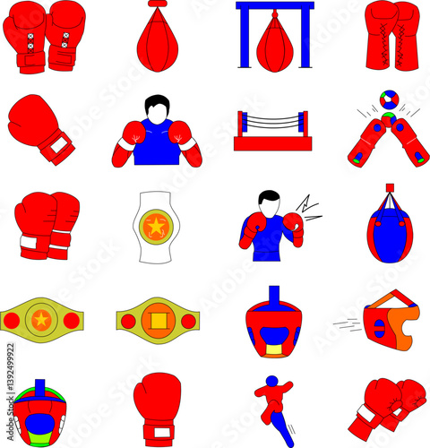 Colorful Boxing Equipment and Boxer Icons Set