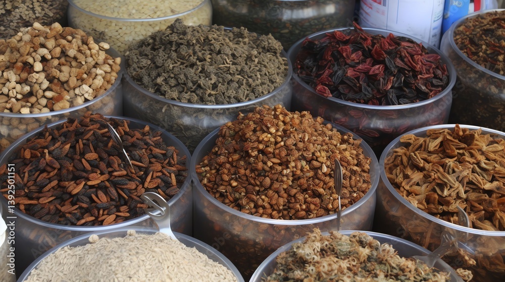 Fototapeta premium A vibrant collection of dried spices and herbs sits in clear bowls at a market stall The warm colors and earthy textures create a feeling of abundance Perfect for food and lifestyle blogs