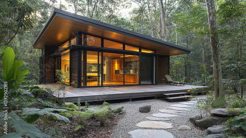 Modern timber house with overhang roof in forest setting