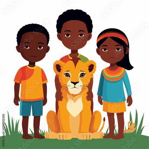Three children and a lion cub in a playful moment, standing with care