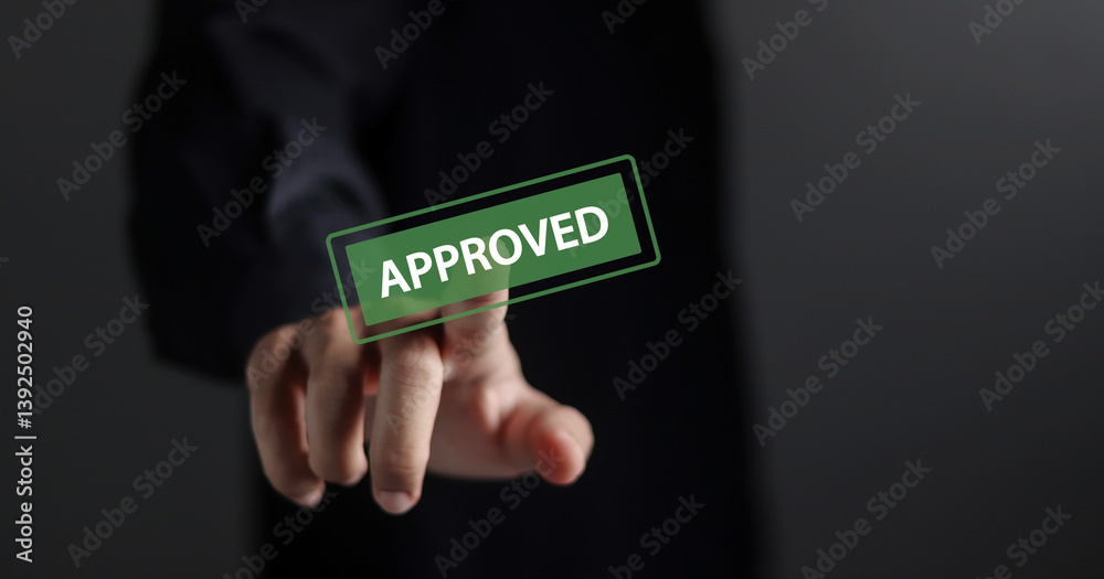 Person touching Approved stamp icon sign. Approved or accepted, document approval, project assessment evaluation acceptance and quality assurance. Person touching Approved stamp icon sign. Approved or accepted, document approval, project assessment evaluation acceptance and quality assurance.