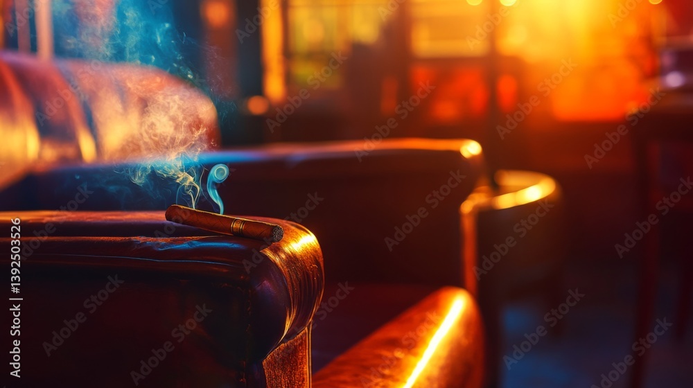 A warm and inviting scene shows a smoke curling from an incense stick resting on a cozy couch. The soft light creates an atmosphere of relaxation and calm. Generative AI