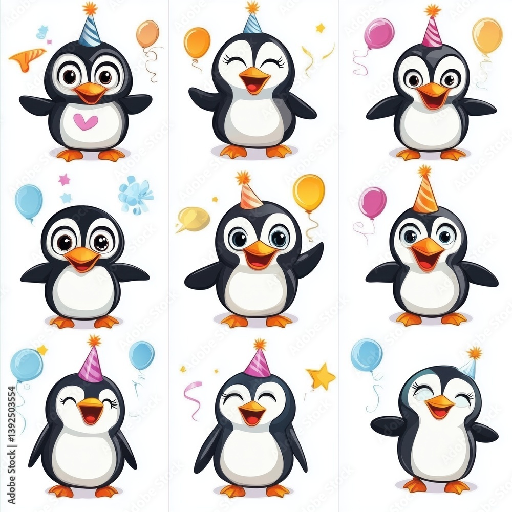Naklejka premium Playful Birthday Penguins Series: Adorable Cartoon Penguins Celebrating with Colorful Balloons and Party Hats in a Cheerful Atmosphere, Perfect for Children's Themed Events and Celebrations