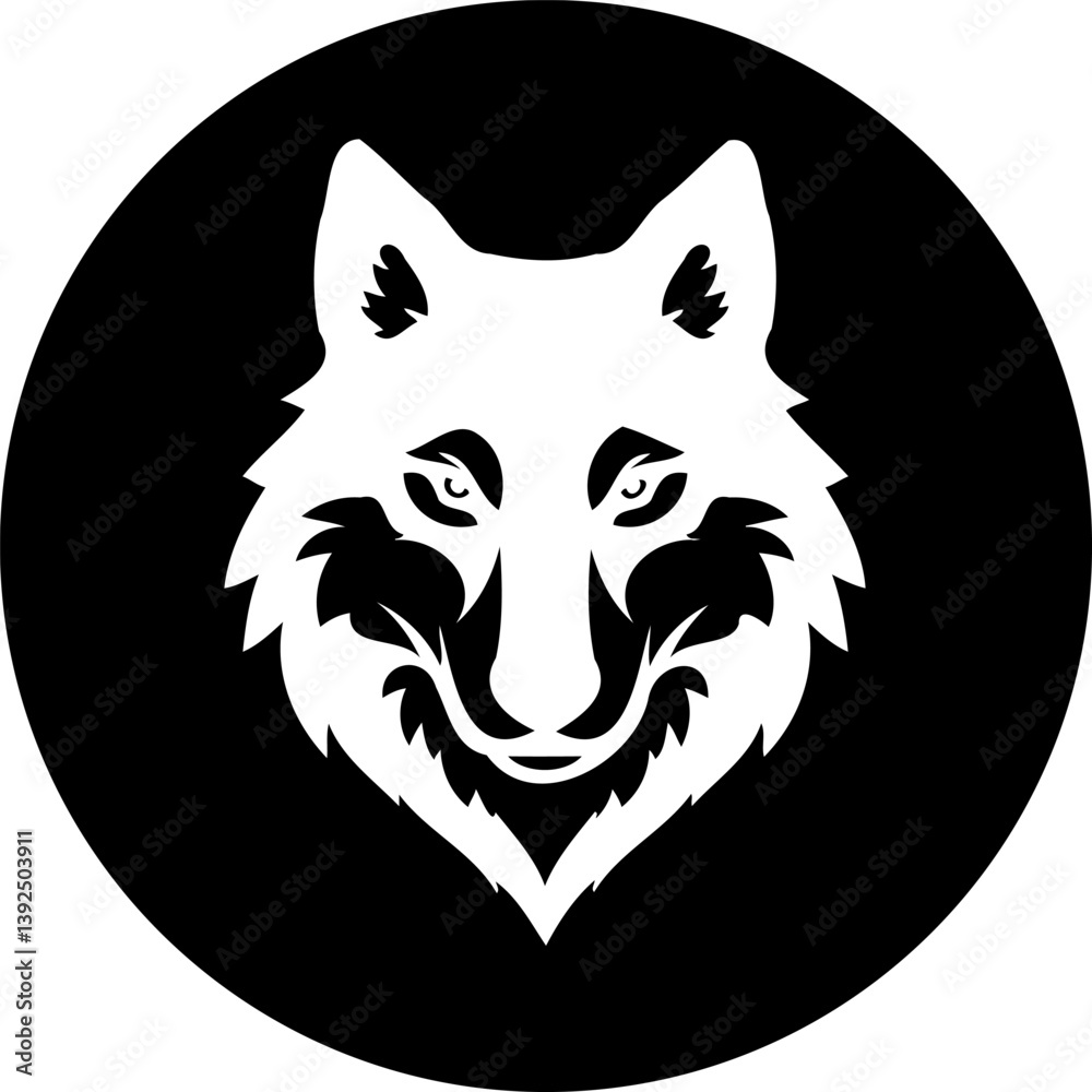 Monochromatic wolf emblem design set against a stark black circular background Monochromatic wolf emblem design set against a stark black circular background
