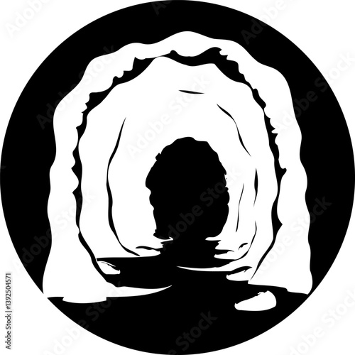 Monochrome Illustration of a Natural Cave Entrance within a Circular Format
