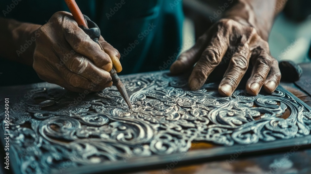 Intricate craftsmanship comes to life in this stunning close-up. The hands skillfully carve intricate designs with precision. Artistry and dedication shine through. Generative AI