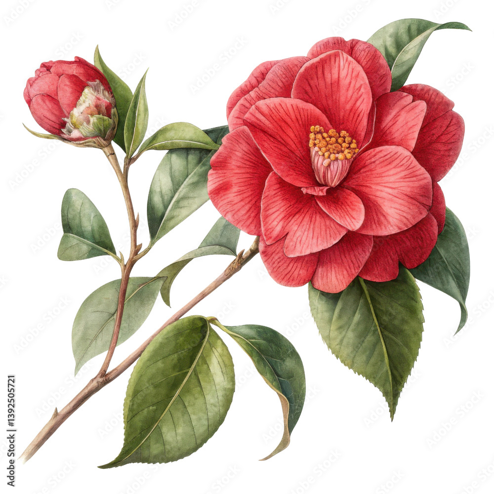 Beautiful red camellia flower with green leaves and bud, showcasing nature elegance Beautiful red camellia flower with green leaves and bud, showcasing nature elegance
