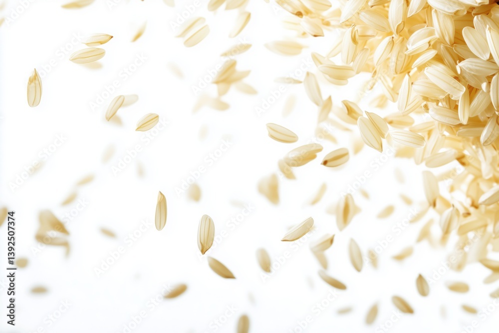 Obraz premium Floating Grains of Jasmine Rice Captured in a Macro View with White Background, Emphasizing the Delicate Texture and Vibrant Nature of Uncooked Rice for Culinary Imagery and Advertising