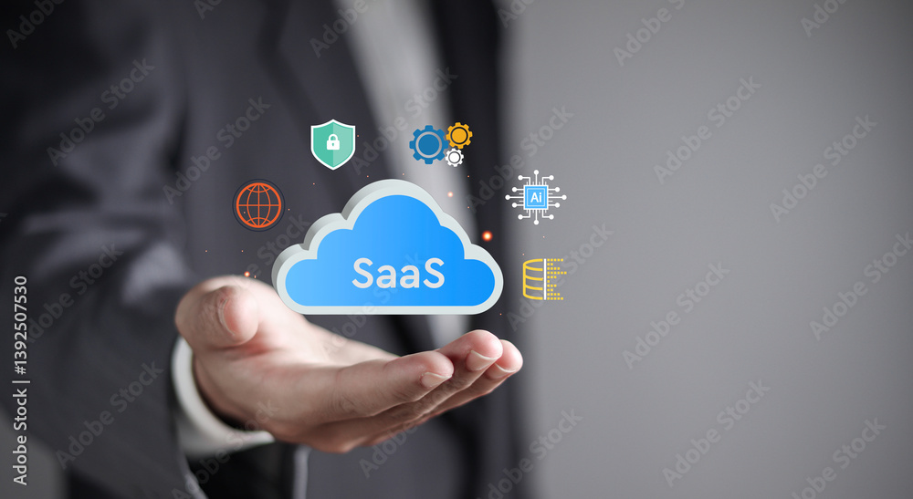 SaaS (software as a service) concept, Businessman showing SaaS icons for software services on cloud system. Internet and networking technology. SaaS (software as a service) concept, Businessman showing SaaS icons for software services on cloud system. Internet and networking technology.